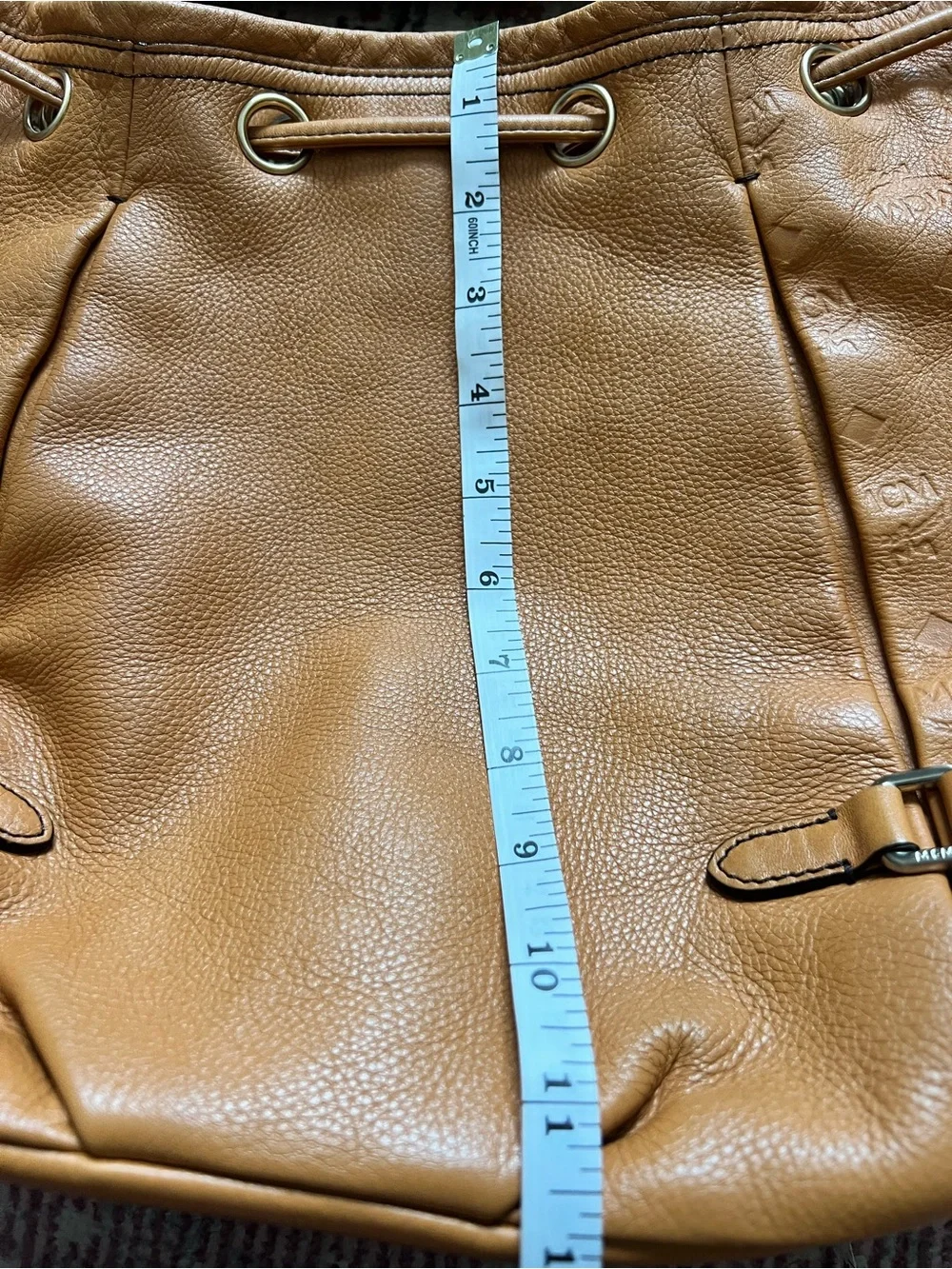 Authentic MCM Heritage Leather Drawstring Bucket Bag - Cognac Tan